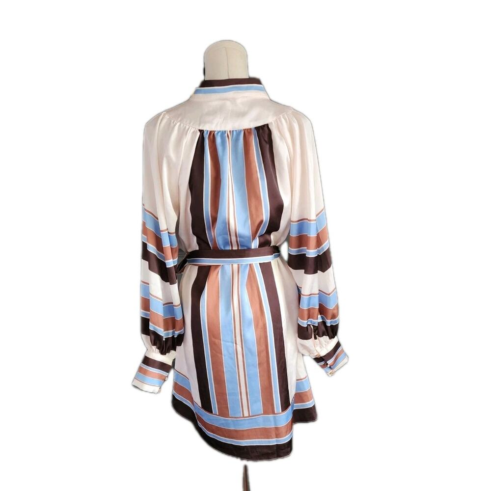 CIEBON Satin belted mini shirt dress Size XS Long Bishop Puff Sleeves Button Up - Picture 3 of 9